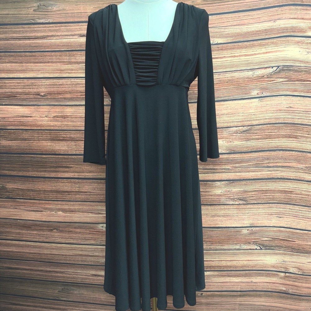 Evan Picone Black Ruched Empire Waist Midi Dress Size 6